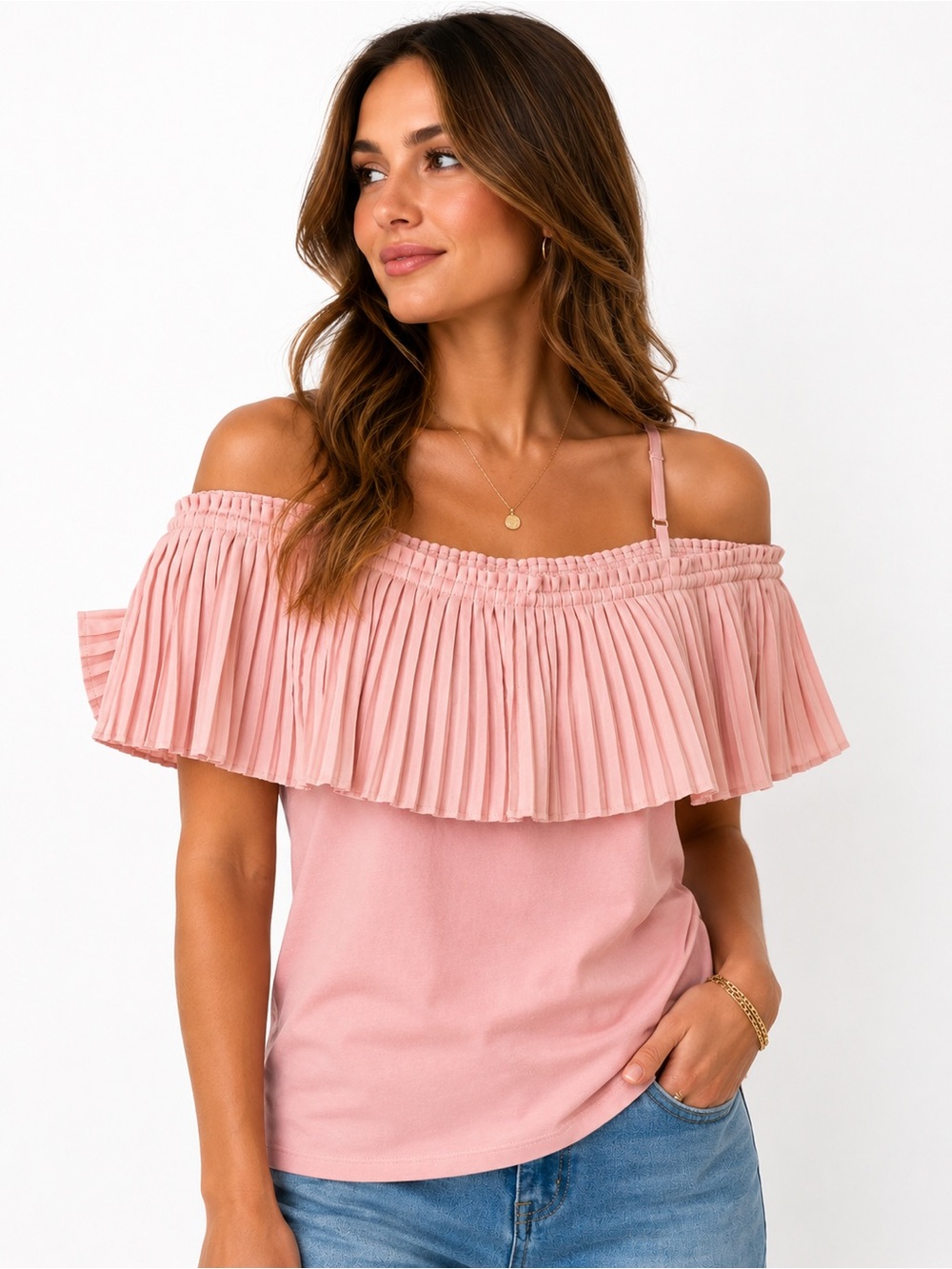 RW&CO. Pleated Off-Shoulder Top in Blush Pink
